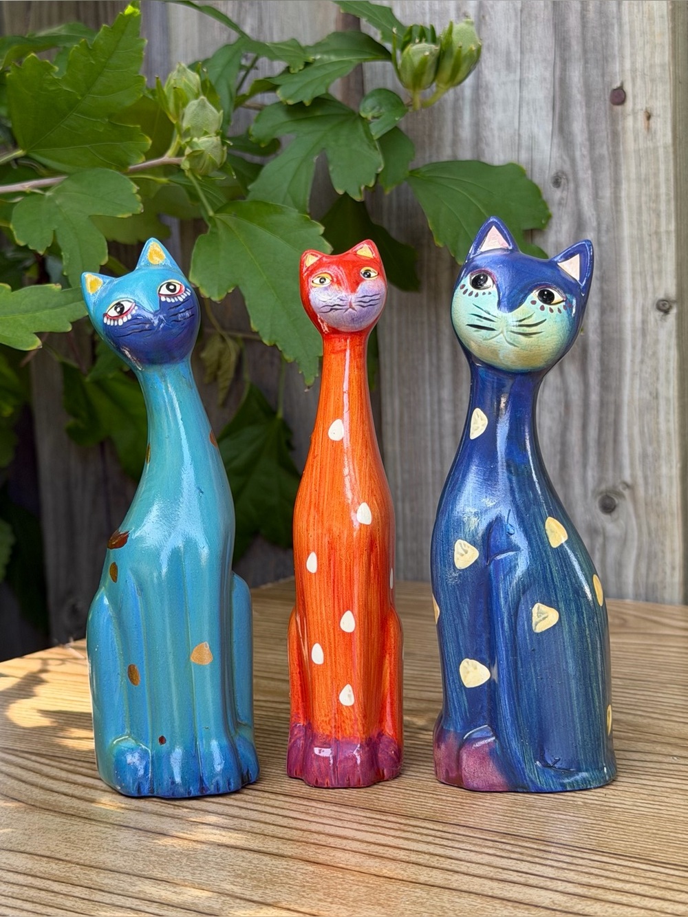 Vintage Ceramic Hand Painted Colourful Skinny Kitty Cats Blue Orange Set Of 3